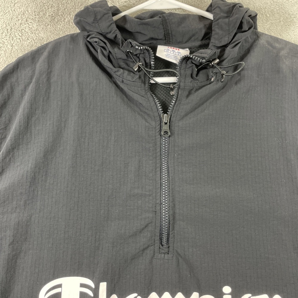 Champion Jacket Men Black Large Pullover 1/4 Zip Hooded Spell Out Vented - Picture 2 of 16